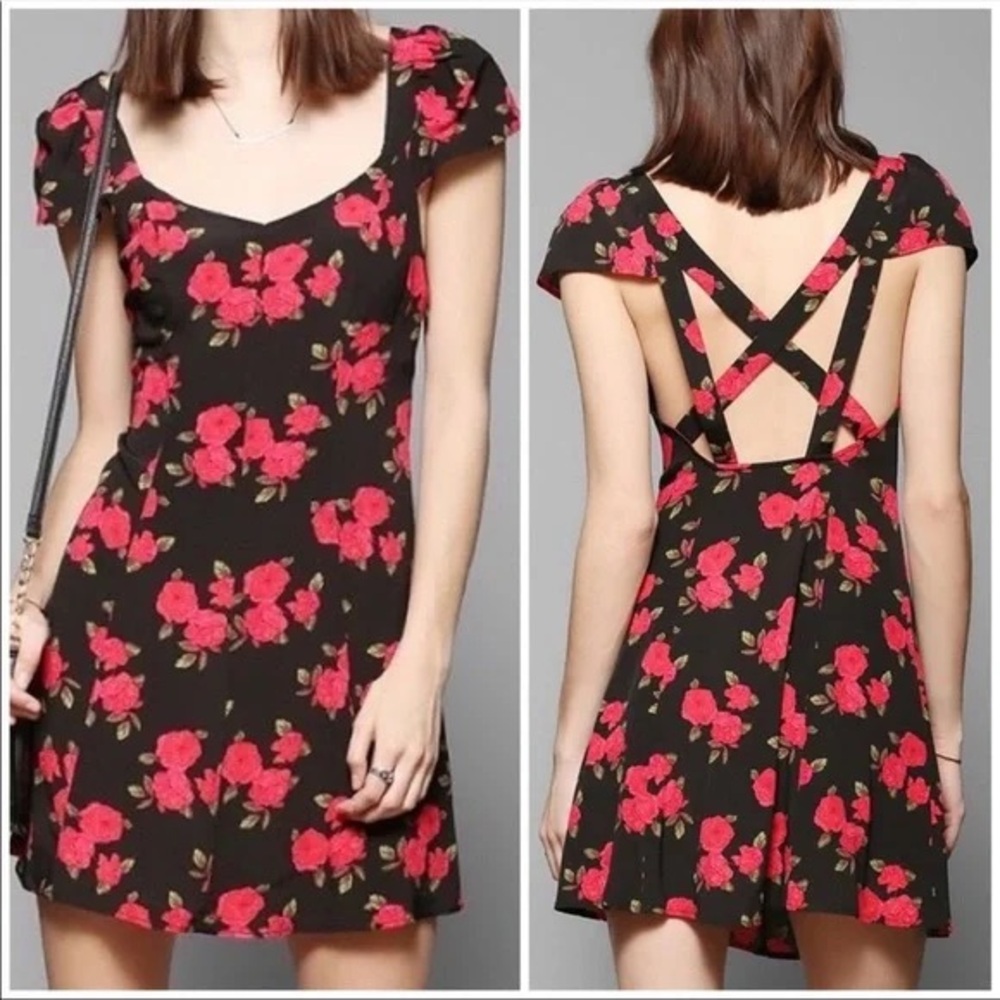 Kimchi Blue Black Dress with Red Floral Pattern